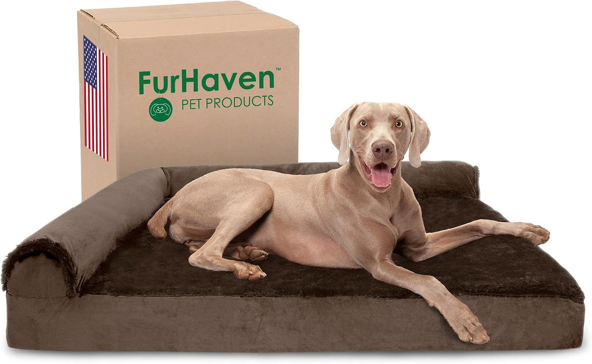 Sable brown plush velvet L-shaped chaise dog bed