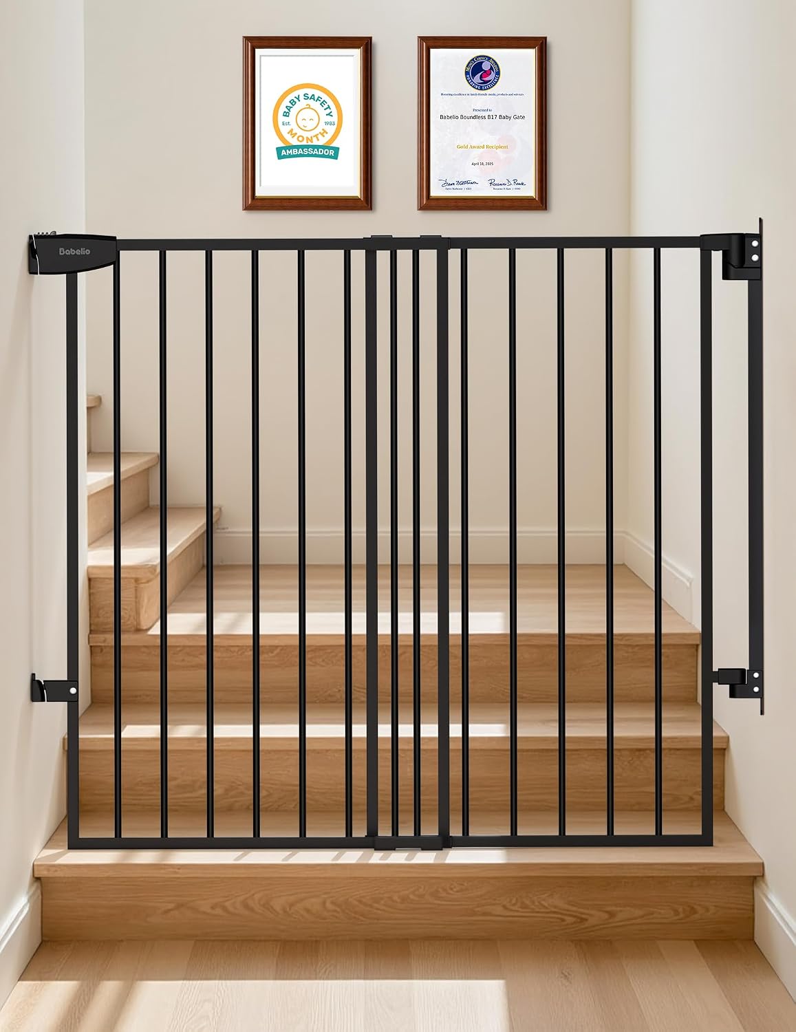 Black extra tall hardware mounted dog gate with no bottom bar at the top of stairs