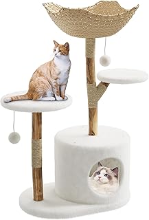 Wooden Cat Tree Tower 46-Inch with Branch Design, Basket, Scratching Posts and Pom Pom Balls