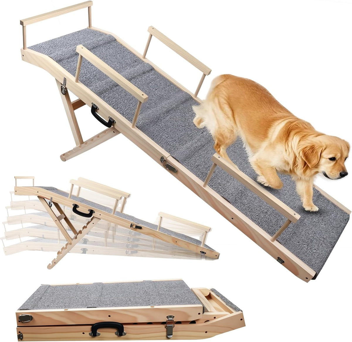Gray solid wood folding dog ramp with carpet and guardrails leading to a bed