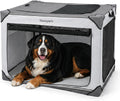 Gray collapsible soft dog crate with four mesh doors