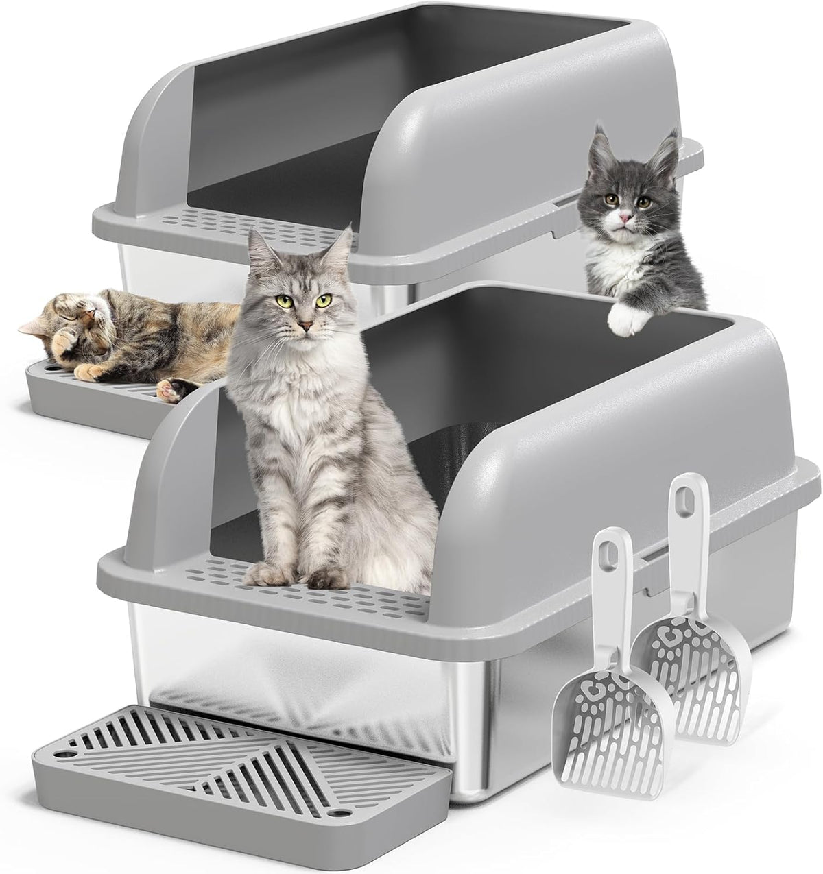 Two deep stainless steel litter boxes with high sides – view 6
