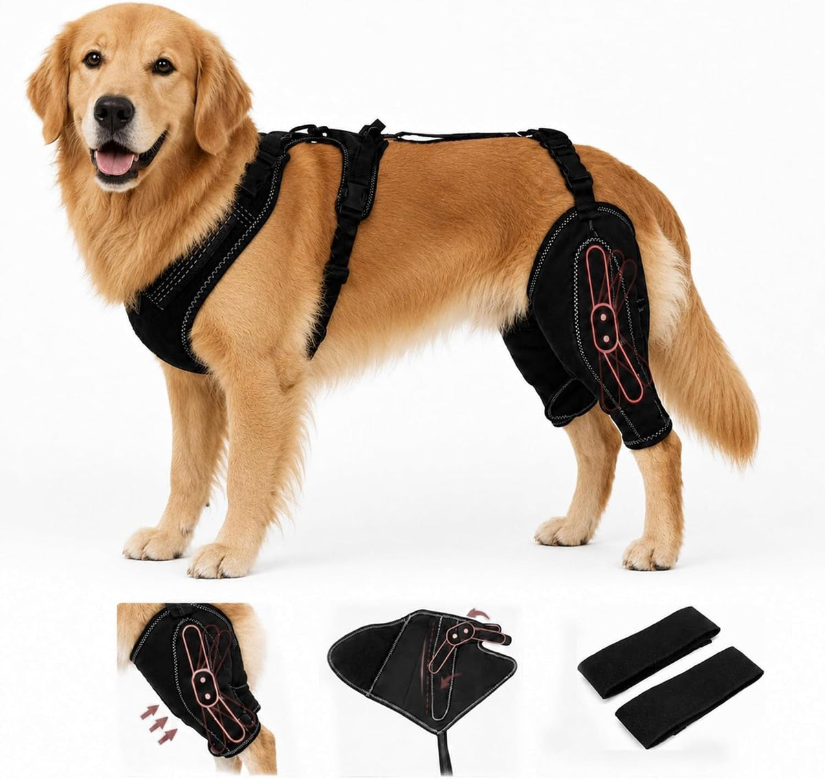 Adjustable dog hind leg knee brace with splint plates and hook-and-loop straps