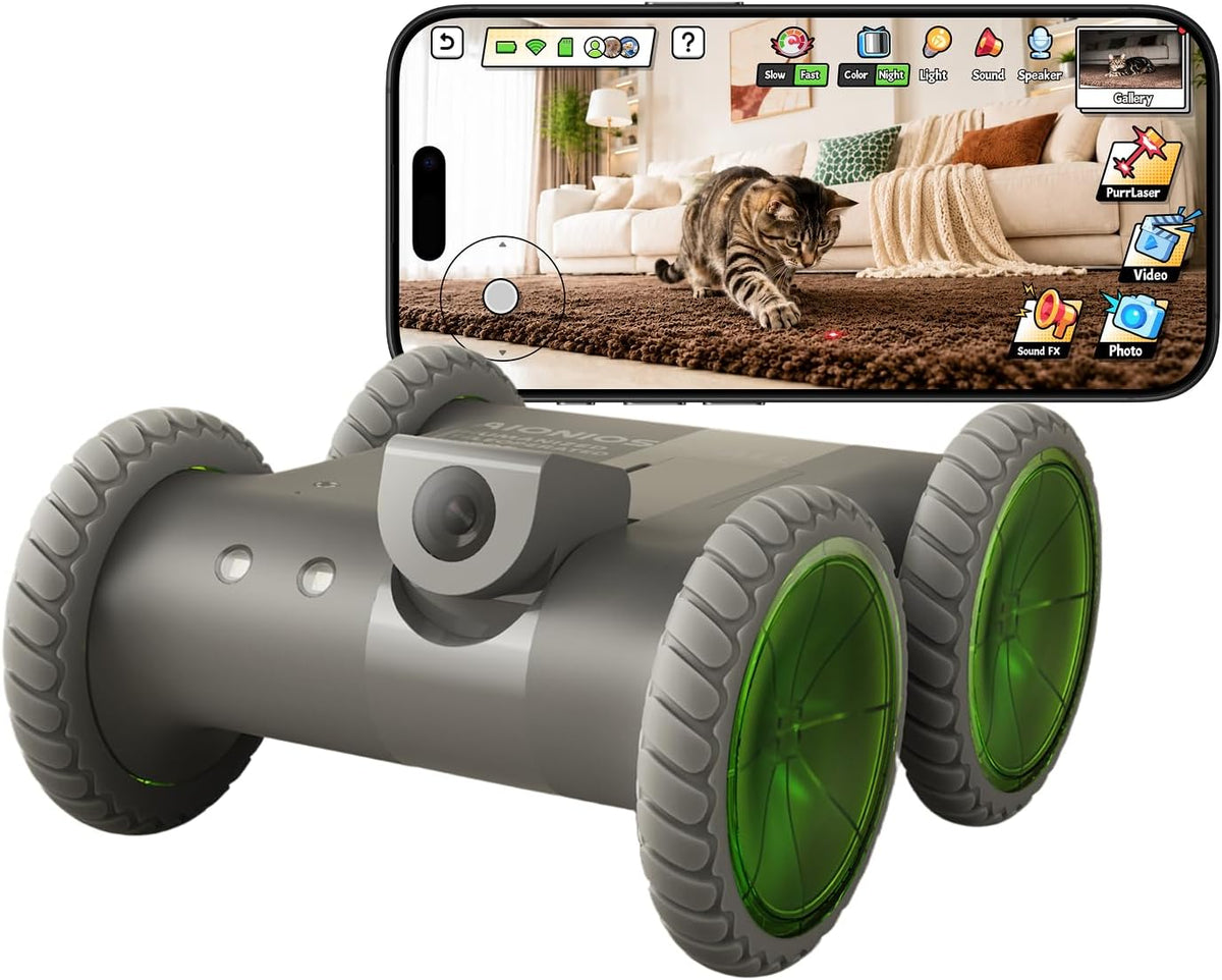 Green four-wheel-drive home robot camera for monitoring pets
