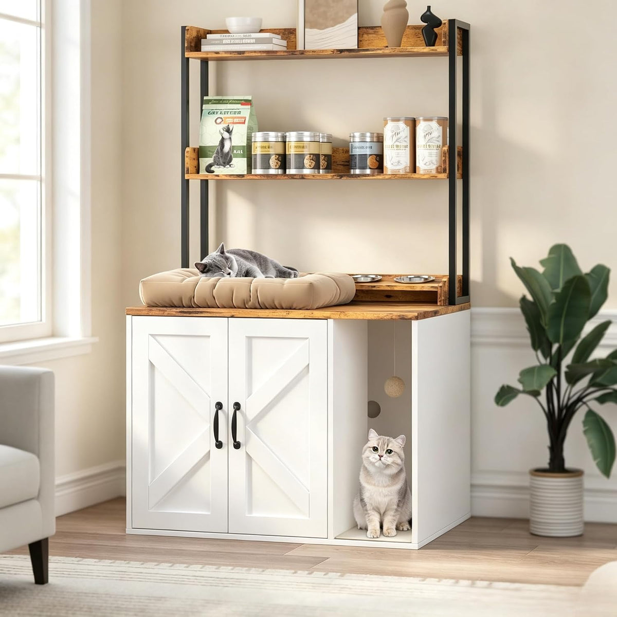 Light grey wooden litter box enclosure with curved entry and shelves – view 3