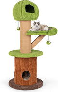Forest themed multi-level cat tree with two condos and plush perch