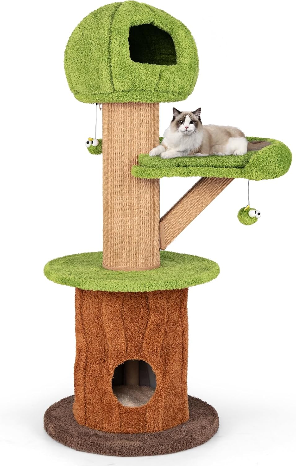 Forest themed multi-level cat tree with two condos and plush perch