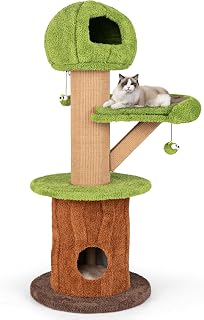 PETSITE 58 Inch Forest-Themed Cat Tree with 2 Condos, Plush Perch, Teasing Balls, Sisal Posts, Hidden Cave and Removable
