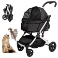 Blue four-wheel pet stroller with open canopy and storage basket – view 2