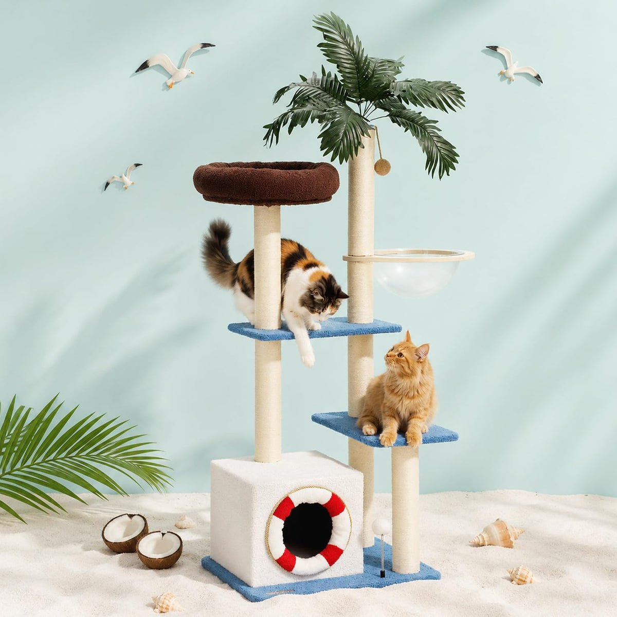 53 inch palm leaf cat tree with clear bowl hammock and condo