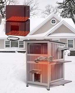 Heated Outdoor Cat House with Insulated Liner, 2-Story Weatherproof Wooden Shelter with Heater and Window