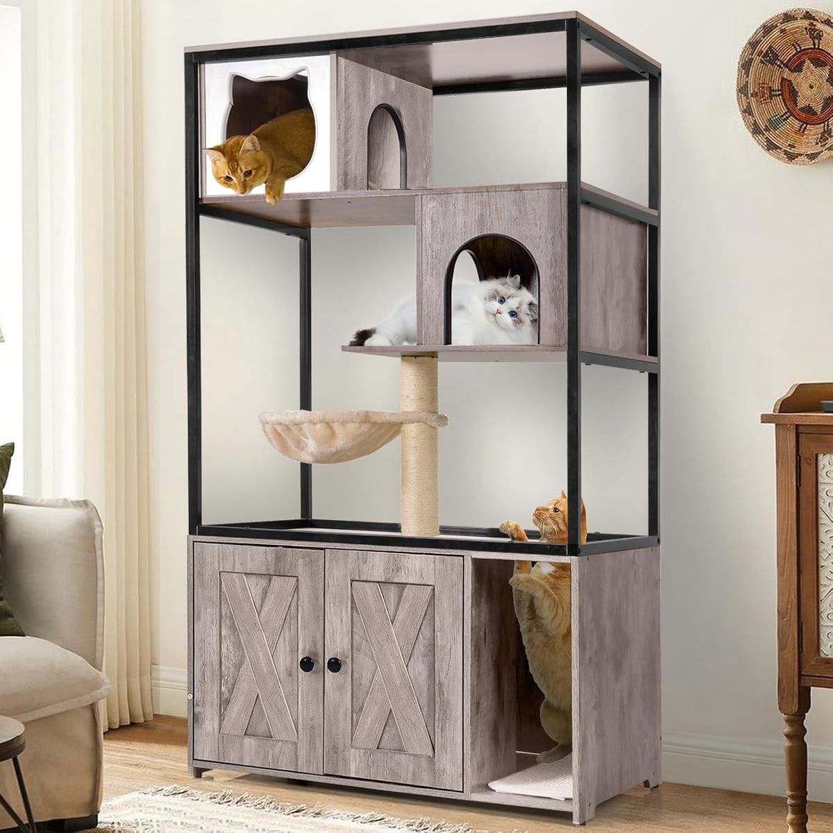 Brown 57.5 inch cat tree with litter box cabinet base and hammock – view 2