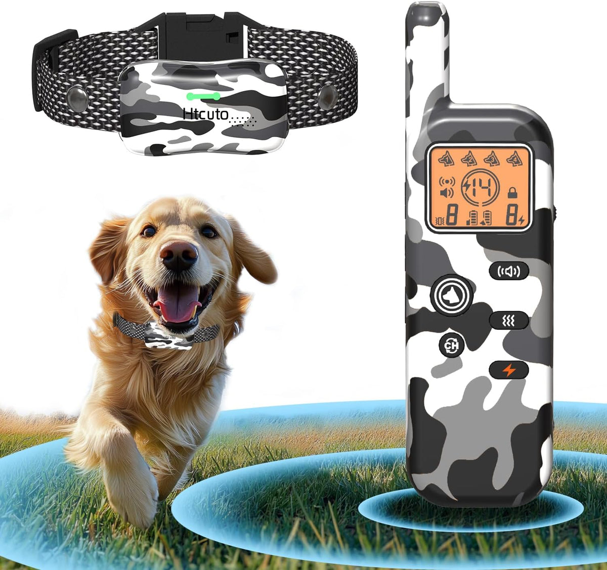 Remote transmitter with hand strap and two waterproof training collars
