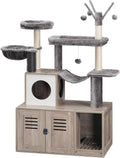 Greige cat tree with hidden litter box cabinet, condos and hammock