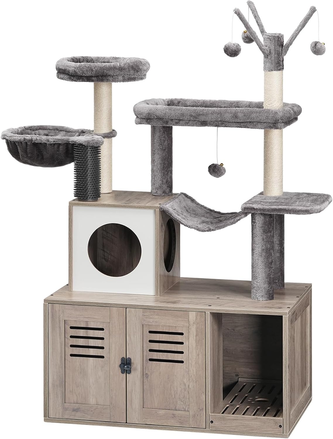 Greige cat tree with hidden litter box cabinet, condos and hammock
