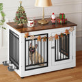 White 35 inch wooden dog crate side table with removable bowls