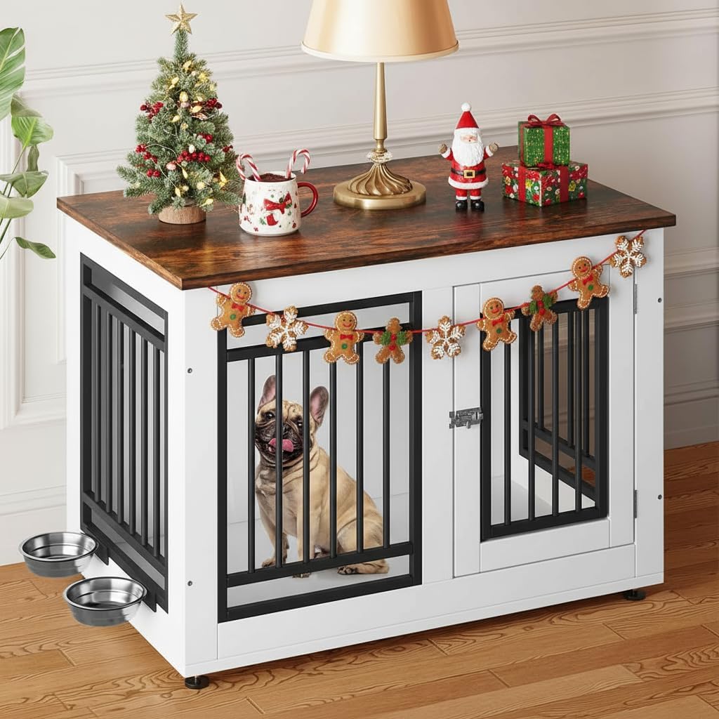 White 35 inch wooden dog crate side table with removable bowls