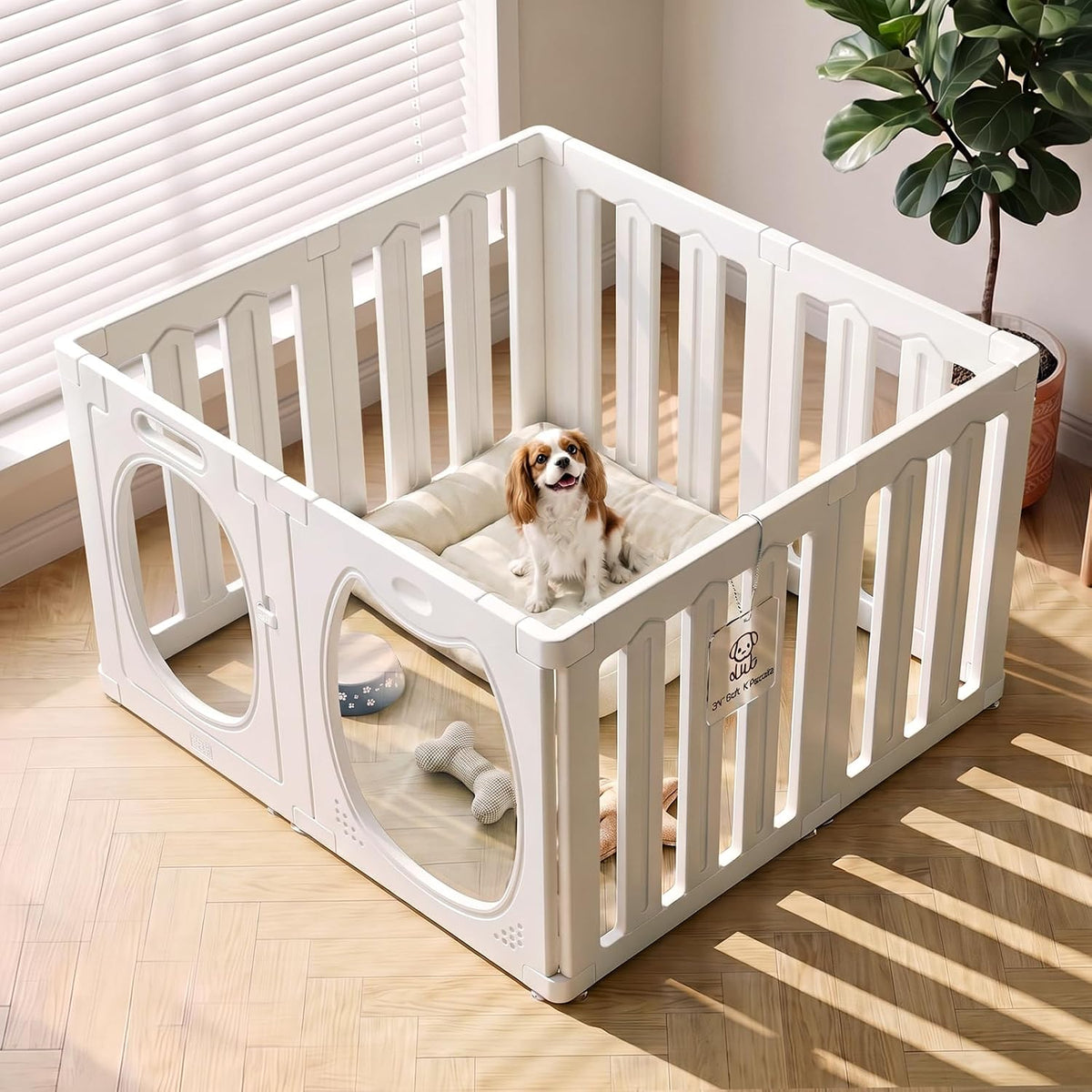 Clear acrylic 12-panel puppy playpen with two doors in a living room – view 3