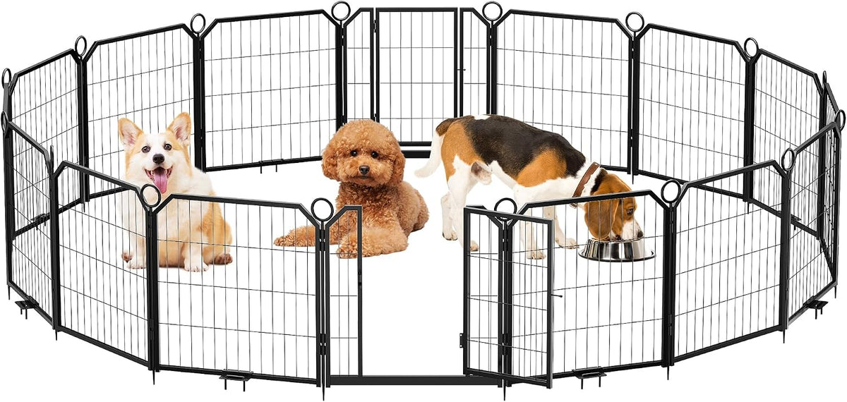 Black 16-panel metal dog playpen with lockable door in a yard