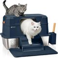 Gray enclosed stainless steel cat litter box with lid, steps, mat and scoop – view 3