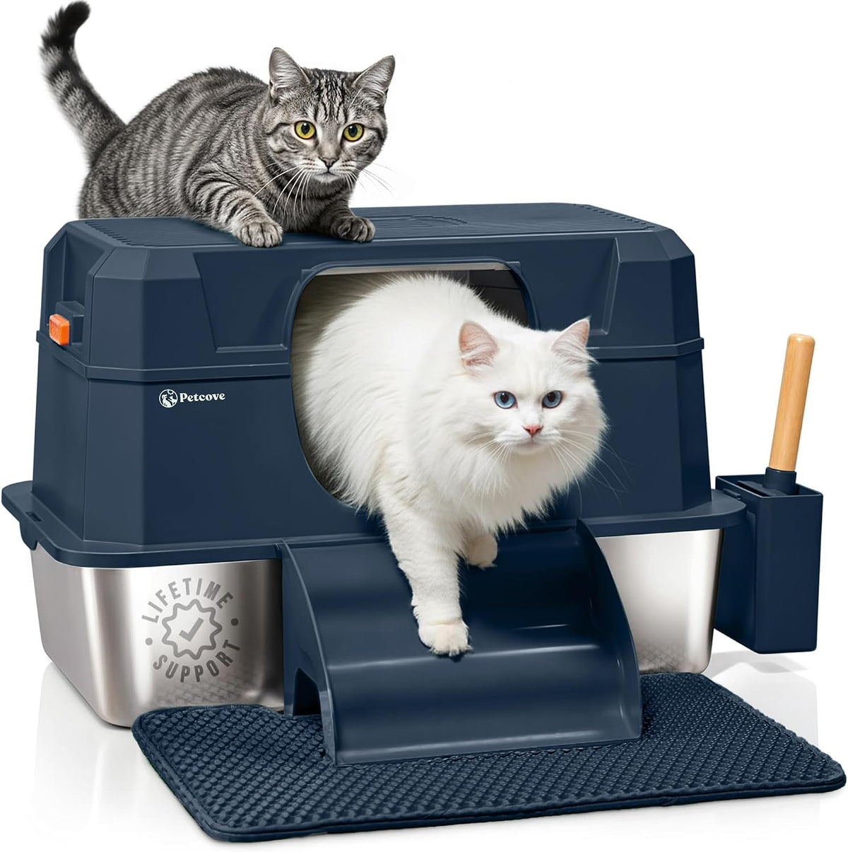 Gray enclosed stainless steel cat litter box with lid, steps, mat and scoop – view 3