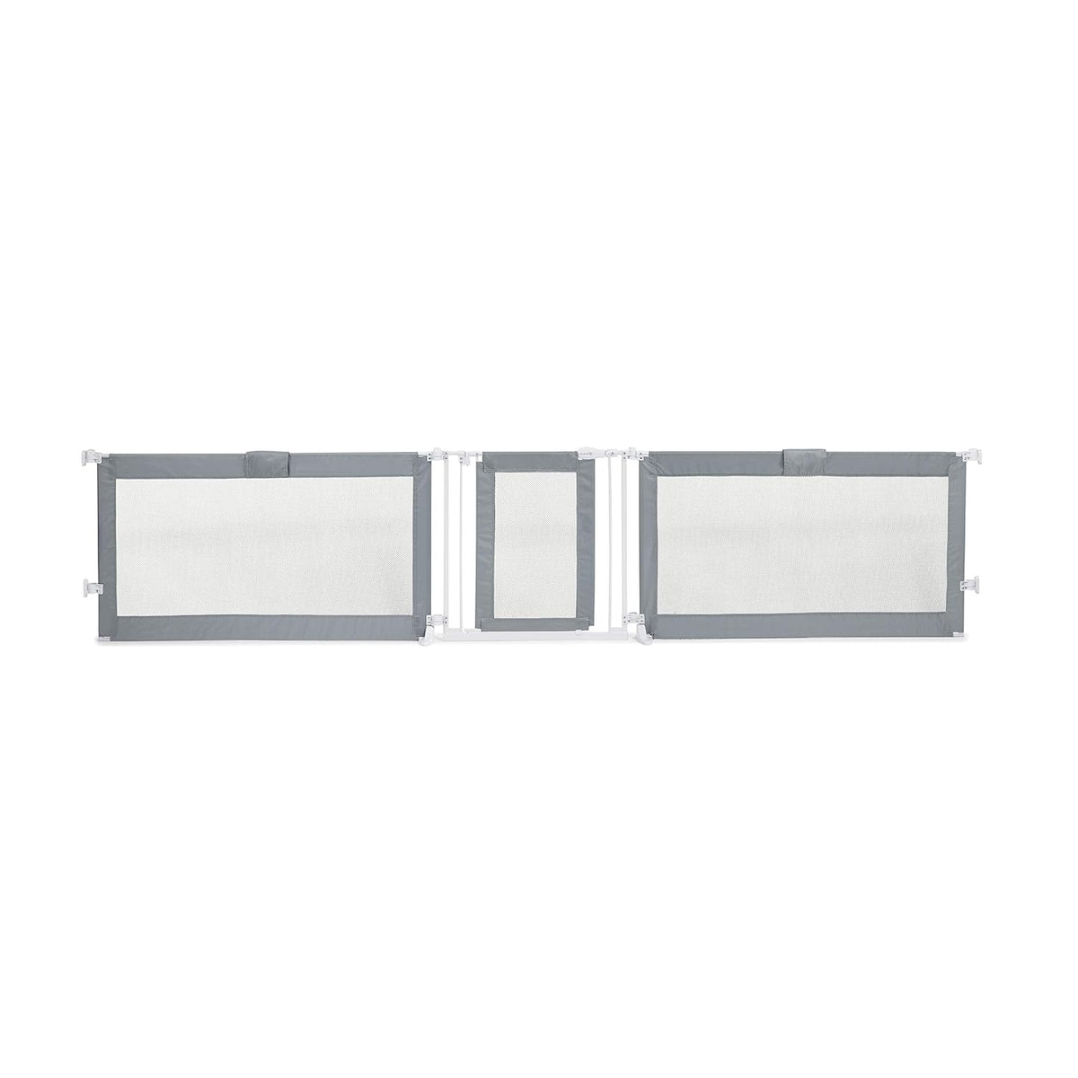 Grey extra wide mesh walk-through pet gate across a wide opening