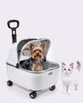 White hard shell rolling cat carrier with wheels and extended pull rod