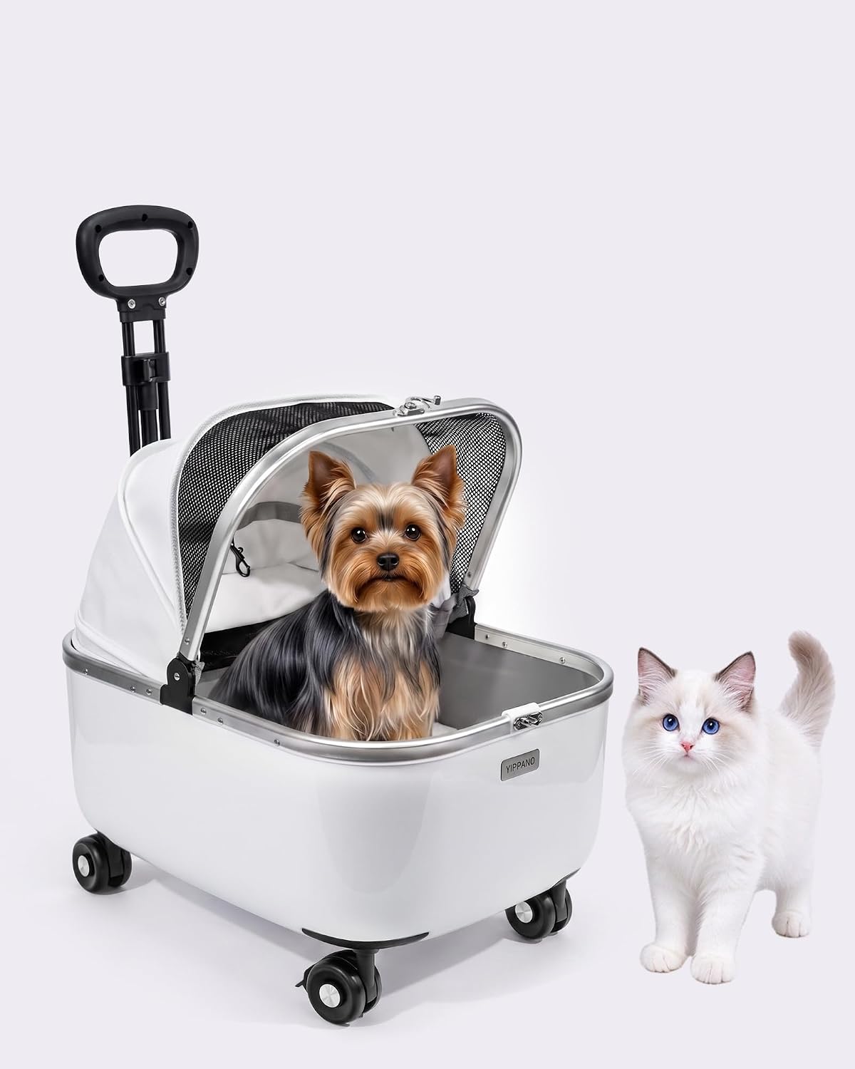 White hard shell rolling cat carrier with wheels and extended pull rod