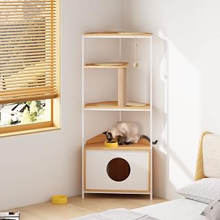 Corner Cat Tree, Cat Tower and Condo House Furniture, White and Light Oak