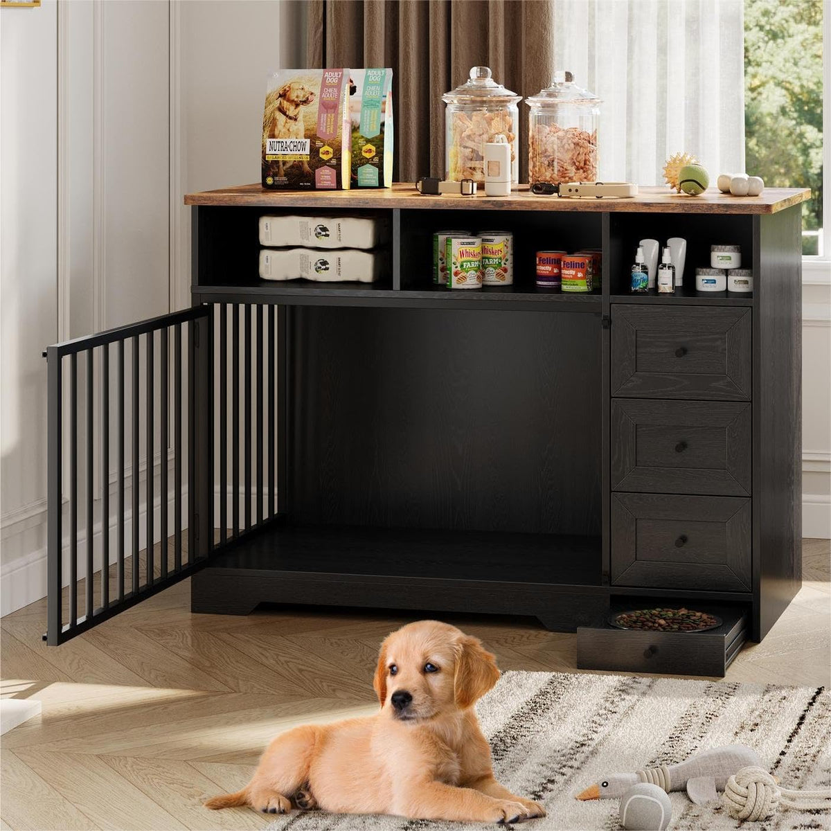 Black 48 inch wooden dog crate furniture with drawers and shelves