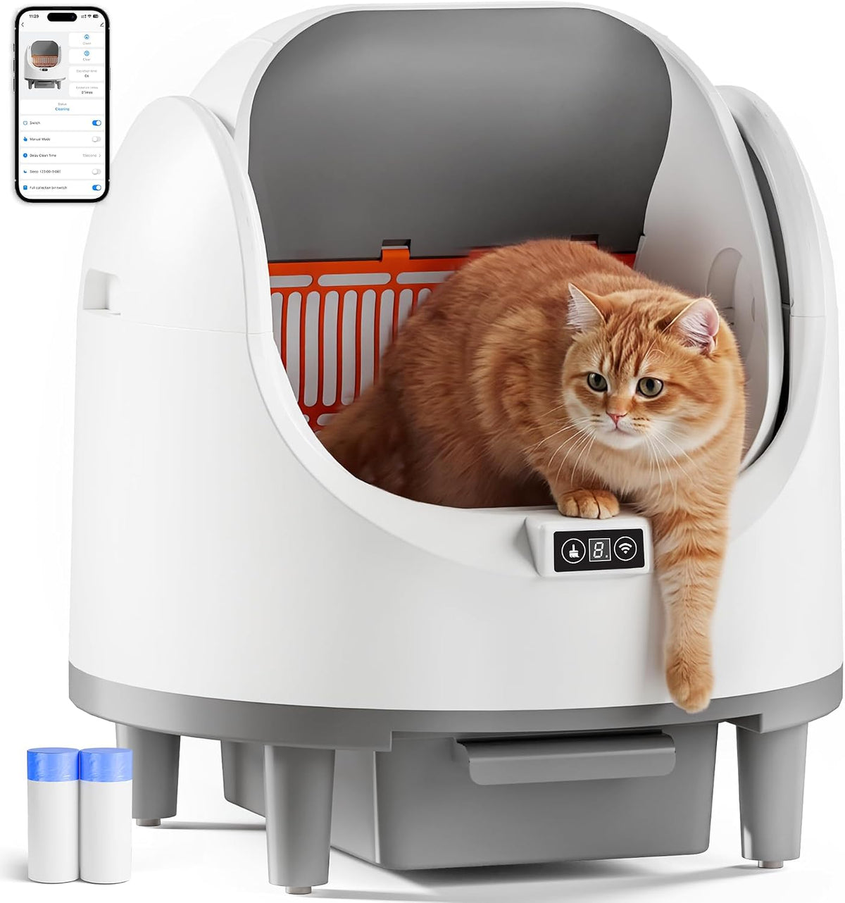 White automatic self-cleaning cat litter box with app control