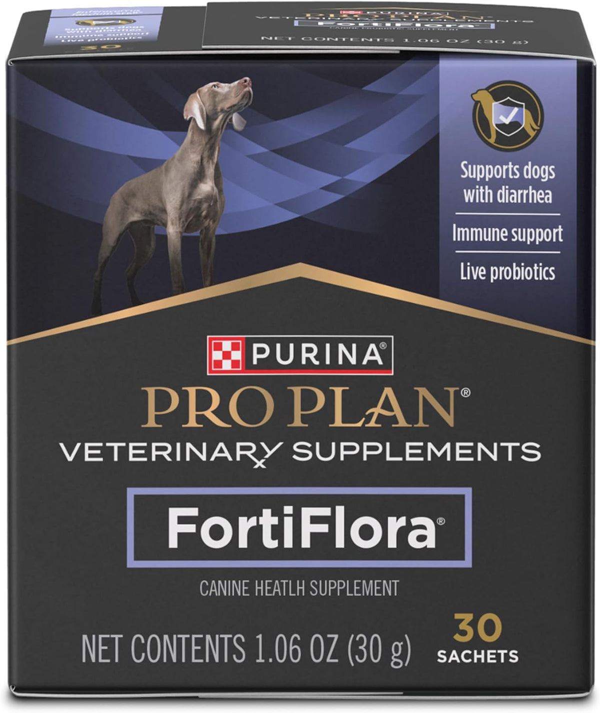Box of 30 probiotic powder supplement packets for dogs