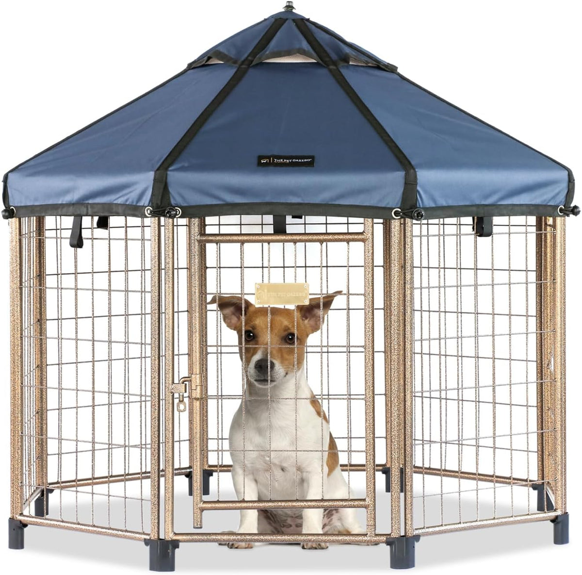 Cobalt blue octagonal pet gazebo kennel with canopy