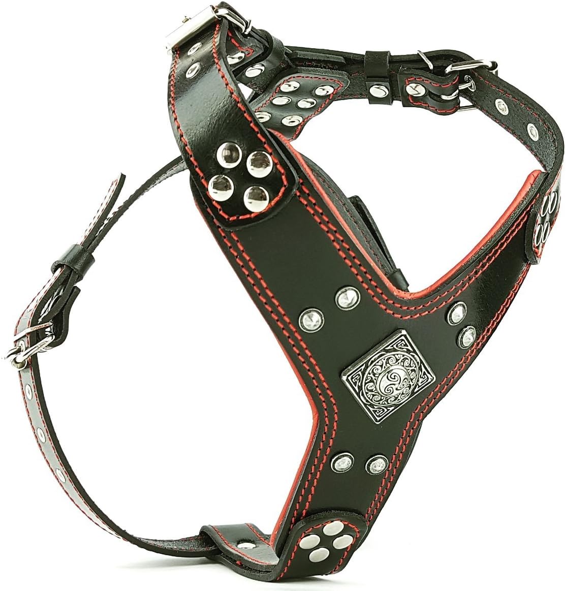 Black and red riveted leather dog harness – view 2