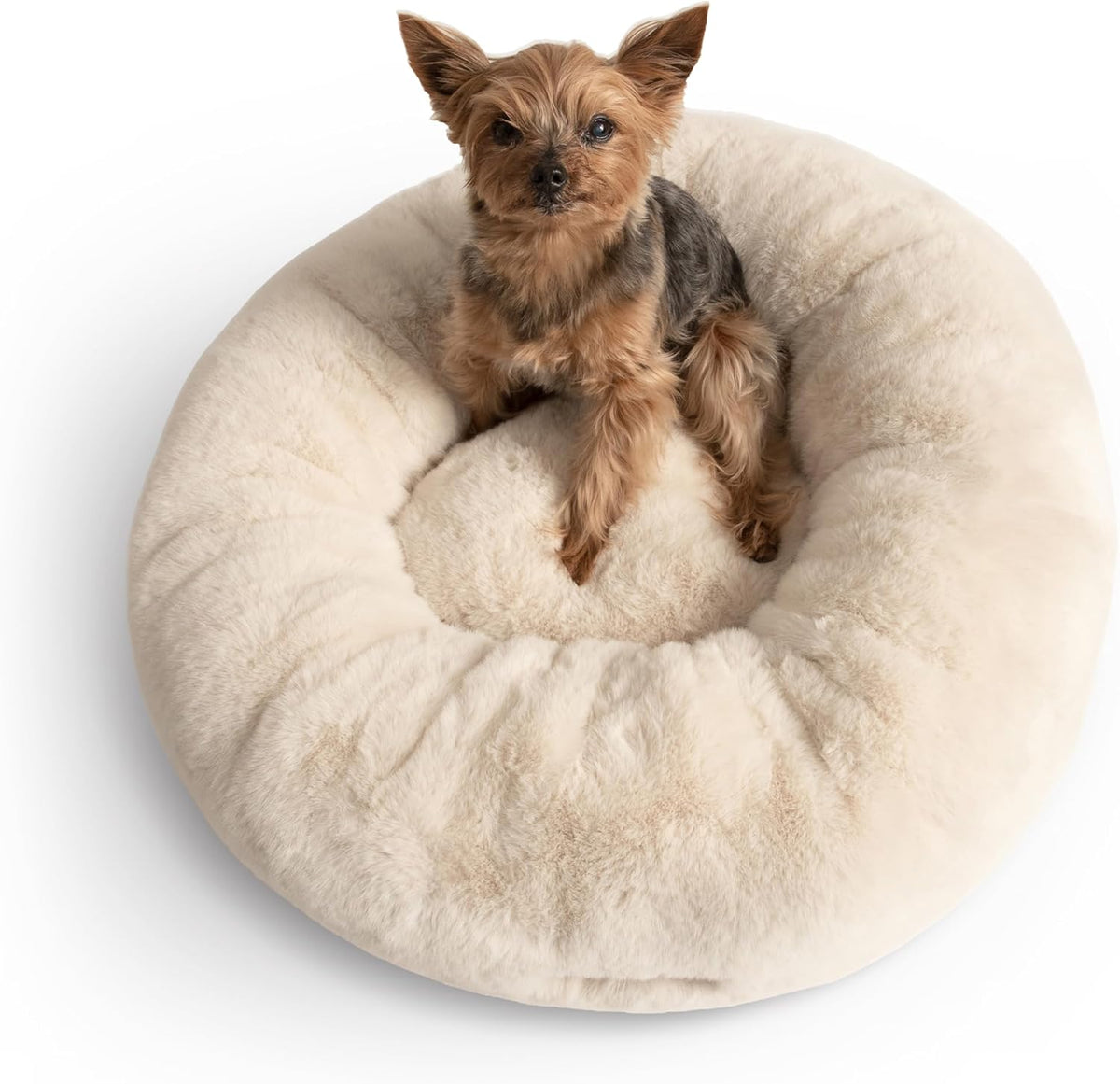 Small round beige faux fur donut pet bed with bear design