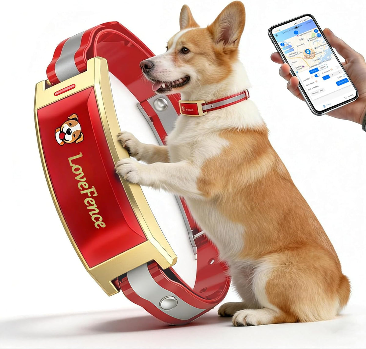 Red GPS dog fence collar on a medium-size dog in a yard