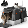 Black lidded stainless steel litter box with top and front entry