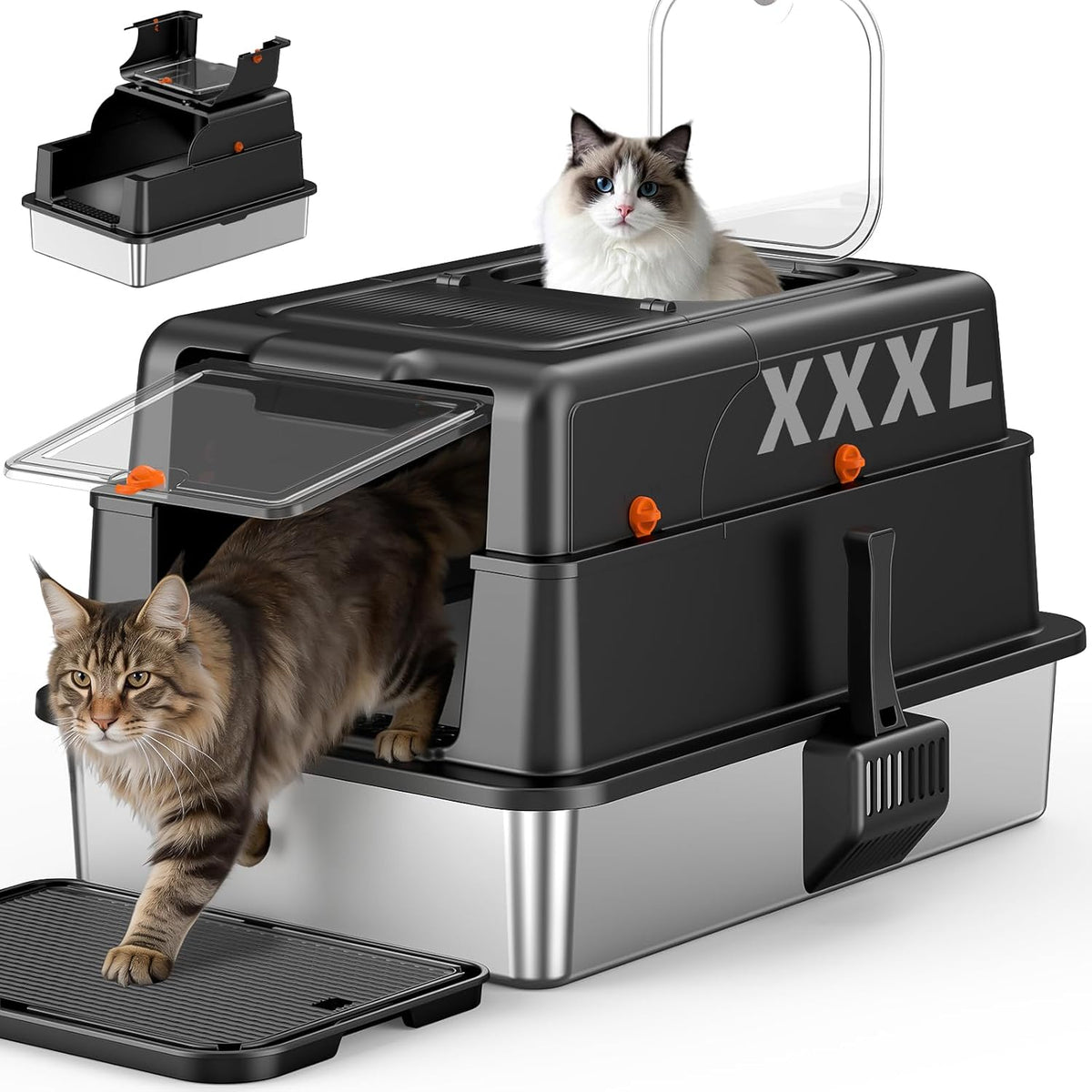 Black lidded stainless steel litter box with top and front entry