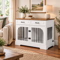 43.3 inch farmhouse wooden dog crate furniture with iron bars and rotating bowl
