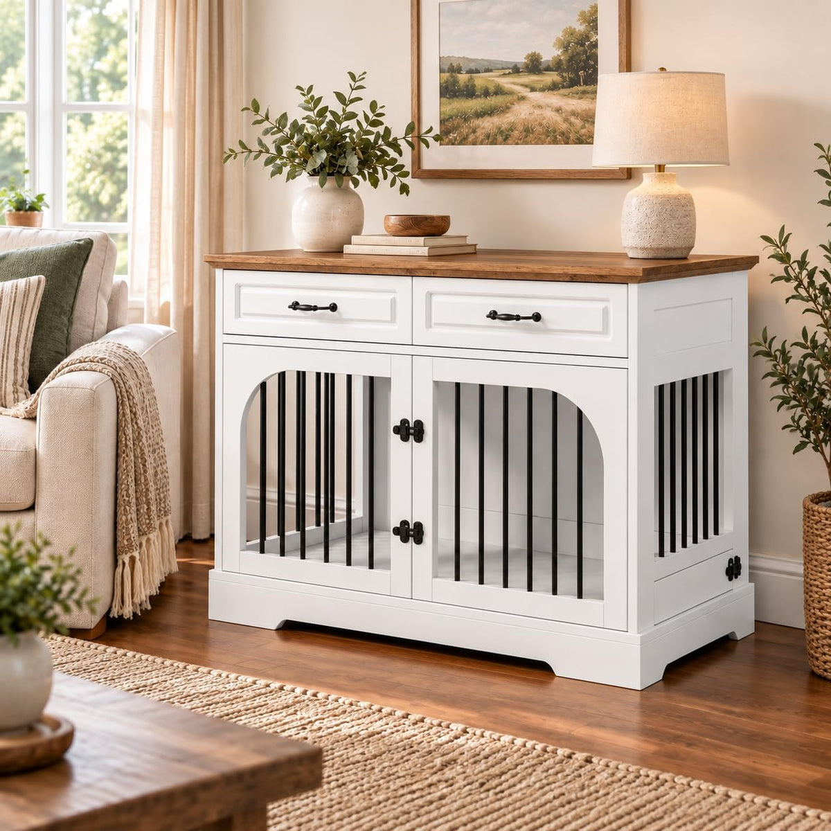 43.3 inch farmhouse wooden dog crate furniture with iron bars and rotating bowl
