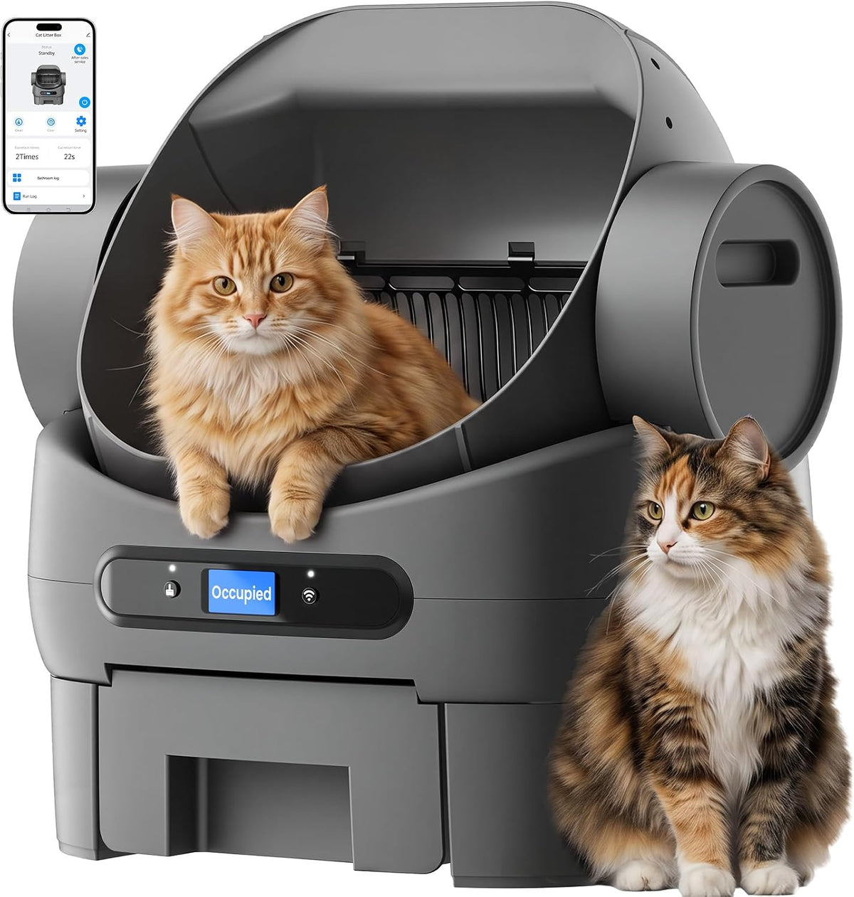 Ash gray open-top robot litter box with LED display