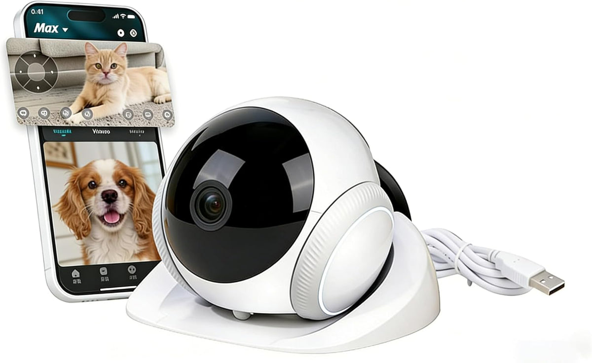 Small rolling pet camera robot with front lens on a wooden floor