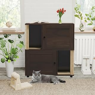 Double Cat Litter Box Enclosure for 2 Cats, 2-Tier Modern Farmhouse Wooden Cabinet with Mark Post and Litter Mats, Walnut