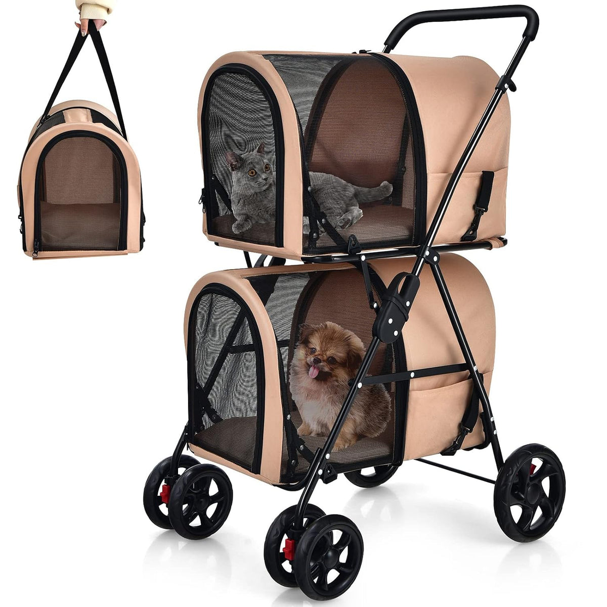 Pink double pet stroller with two detachable carrier bags – view 4