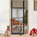 Black 71 inch extra tall pet gate with small cat door at the bottom