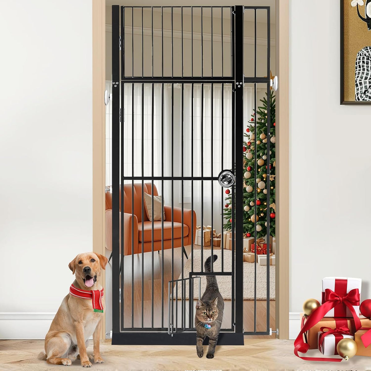 Black 71 inch extra tall pet gate with small cat door at the bottom