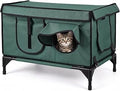 Large Heated Outdoor Cat House, 600D Oxford Fabric, with Built-In Heating Pad, Windows and Doors, Green