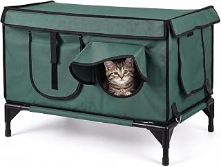 Large Heated Outdoor Cat House, 600D Oxford Fabric, with Built-In Heating Pad, Windows and Doors, Green