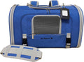 Blue horizontal backpack pet carrier with mesh panels