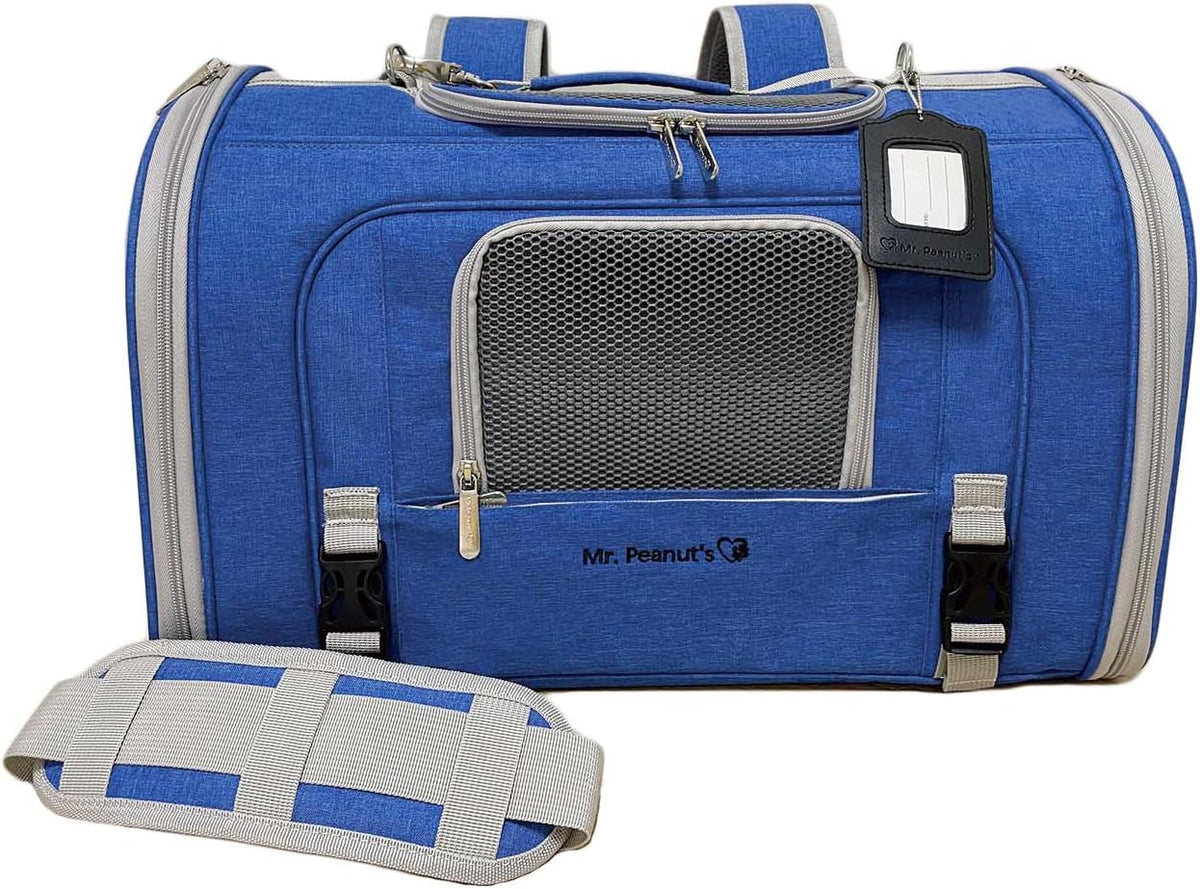 Blue horizontal backpack pet carrier with mesh panels